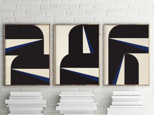 "Abstract Blue Graphic Triptych" - Midcentury Modern Painting
