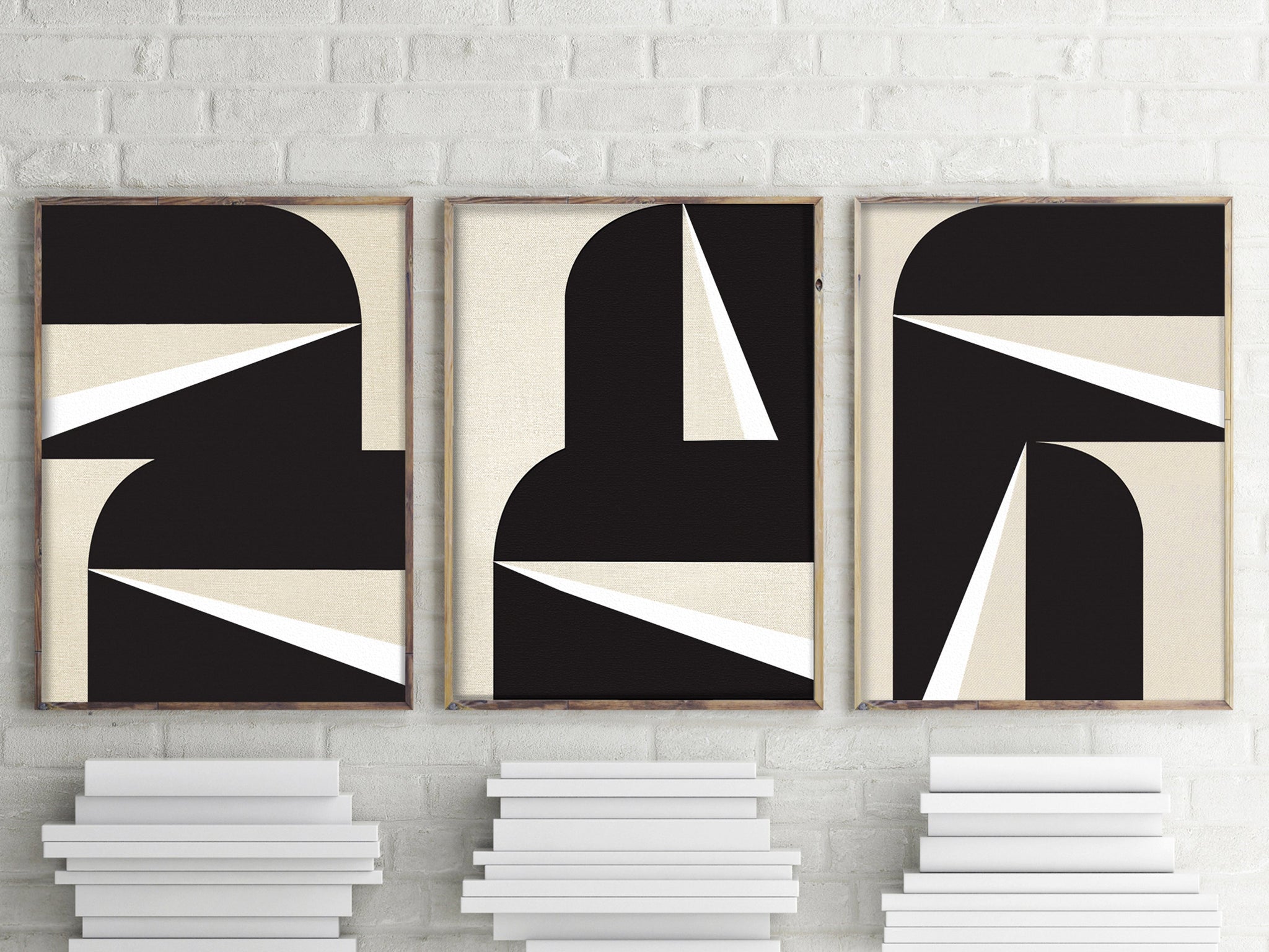 "Abstract Black & White Graphic Triptych" - Set of Three - Midcentury Modern Painting