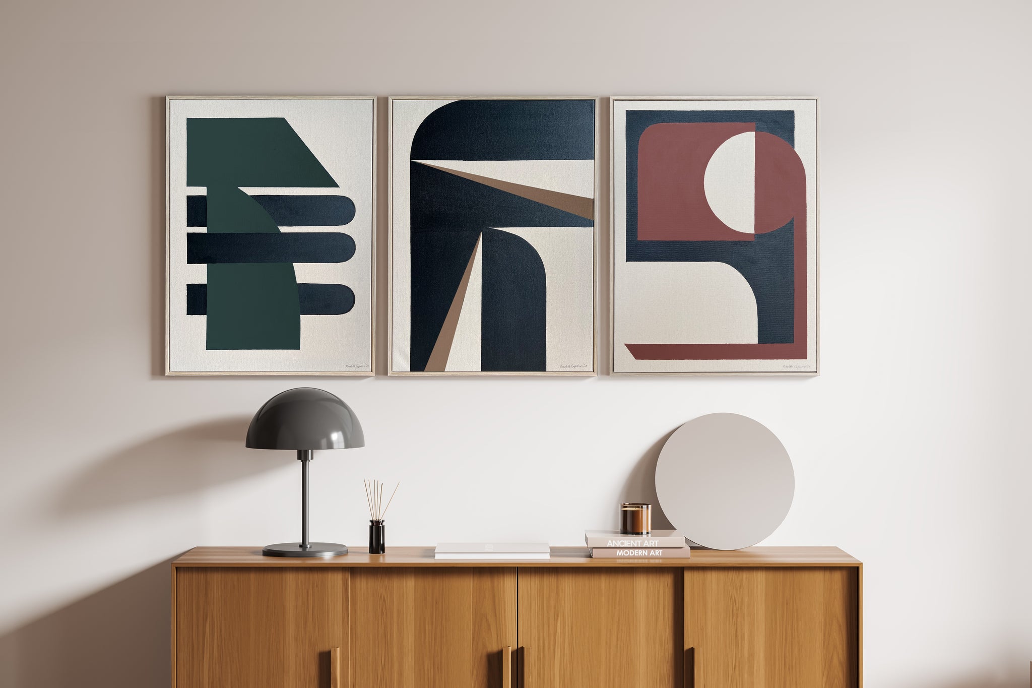 "Abstract Graphic Triptych No. 1" I Midcentury Modern Painting