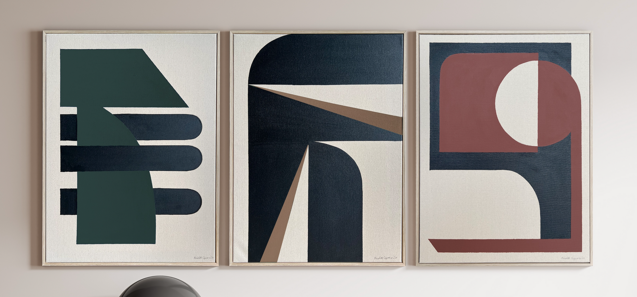 "Abstract Graphic Triptych No. 1" I Midcentury Modern Painting